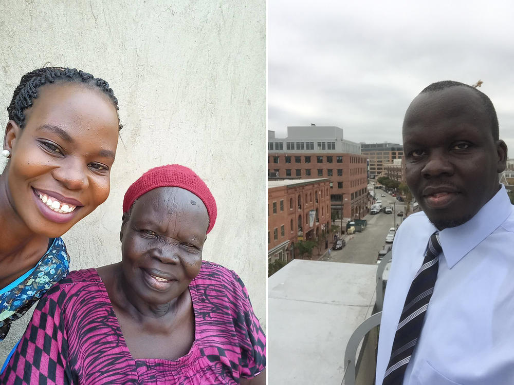 Elizabeth (in purple), who lives in South Sudan, is undecided about getting a COVID vaccine. She's heard rumors that make her think it's not a good idea. Her daughter, Nancy, (left) is newly vaccinated. Her son, Dr. Edward Kenyi, is lobbying his 