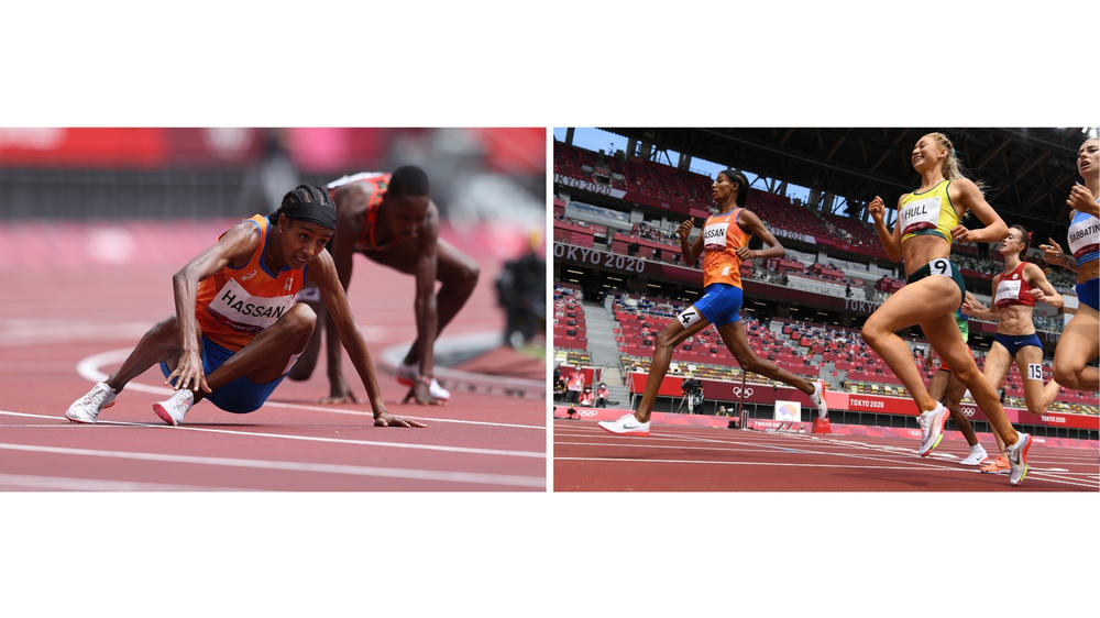 Dutch runner Sifan Hassan gets back up after falling, and finishes first in a heat of the women's 1,500 meter at Olympic Stadium in Tokyo.