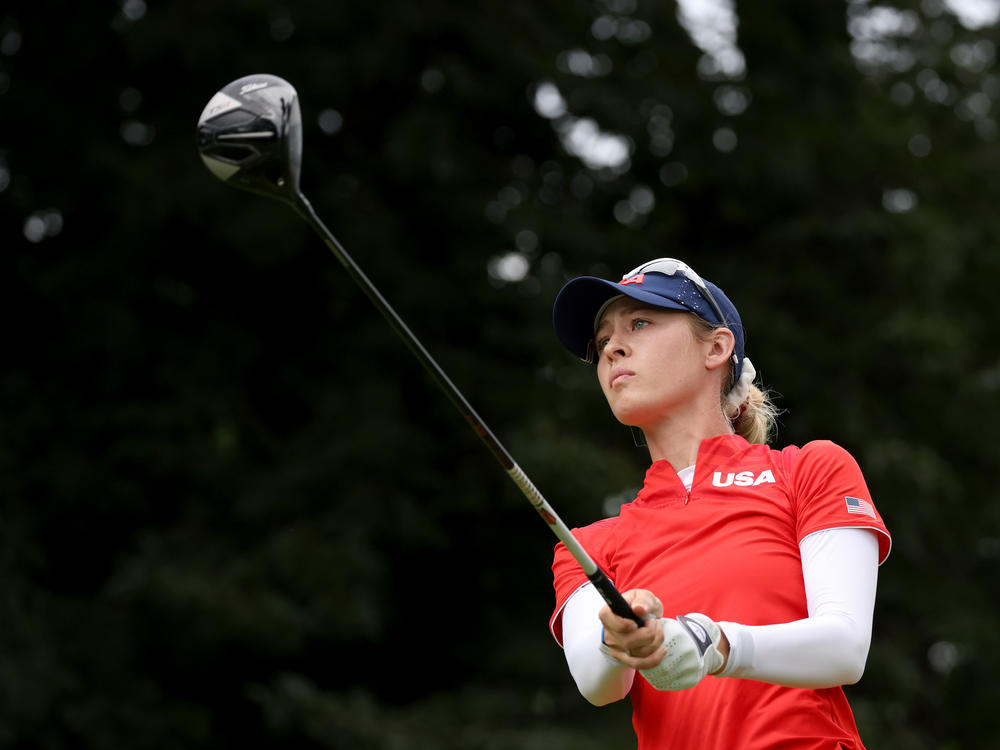 Nelly Korda of Team USA plays her shot from the 18th tee during the final round of the Women's Individual Stroke Play on Saturday at the Tokyo 2020 Olympic Games.