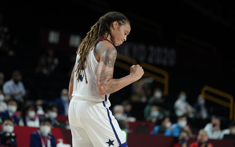 U.S. basketball player Brittney Griner celebrates during the gold medal game against Japan on Sunday in Saitama, Japan.