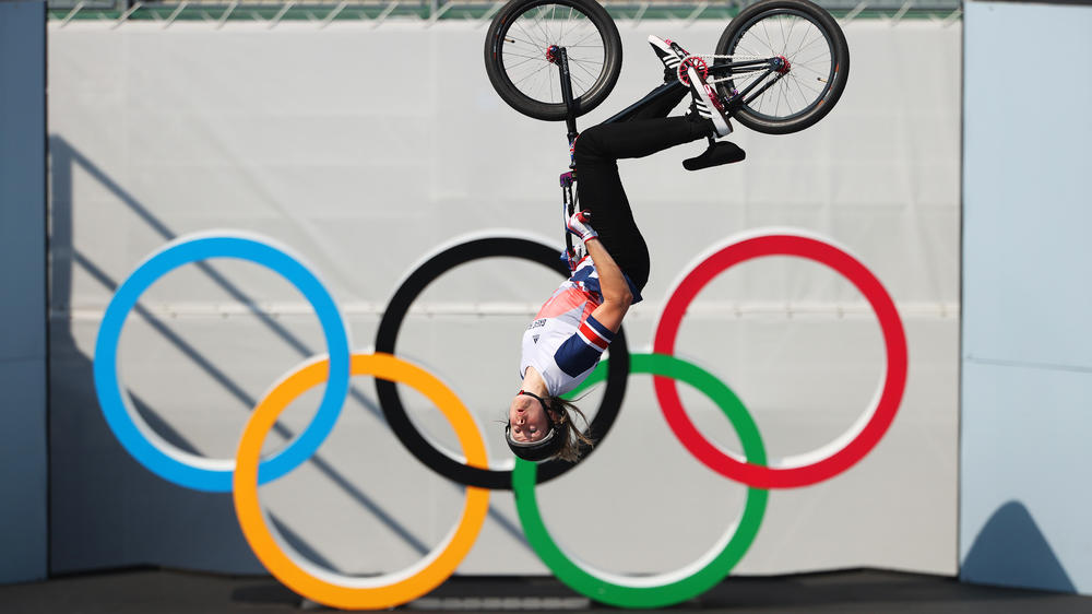 Charlotte Worthington of Team Great Britain practices a trick prior to the BMX Freestyle final.