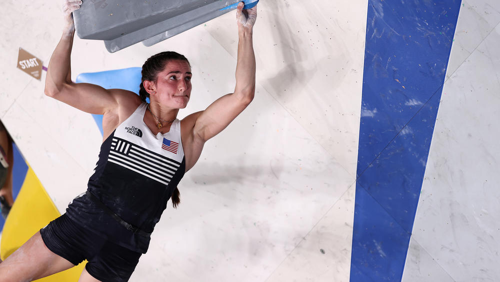 Kyra Condie of Team USA works on a bouldering problem.