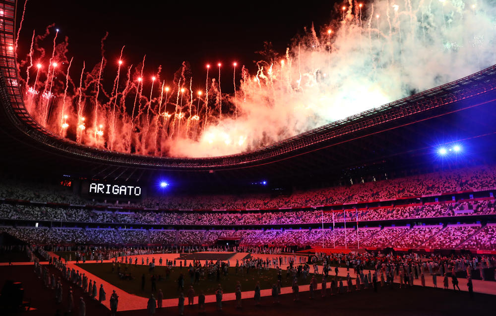 Fireworks are set off to end the Tokyo 2020 Olympic Games.