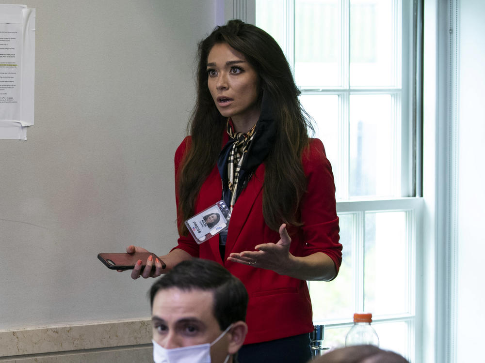 One America News Network reporter Chanel Rion asks a question at a briefing for reporters at the White House on May 22, 2020.