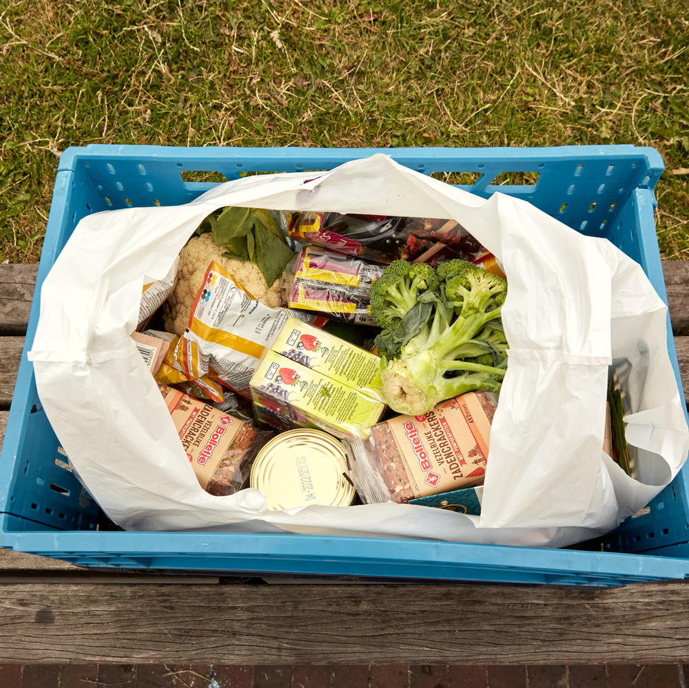 A bag of groceries that Ottens got on her weekly pickup. 