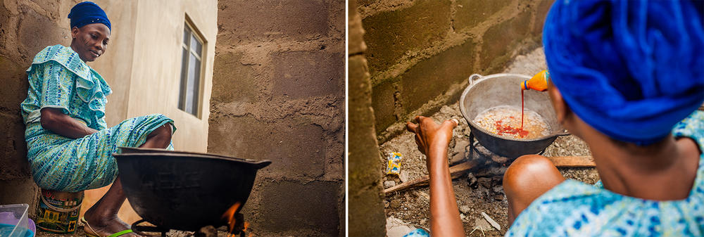 Left: Mary prepares a dish of beans and corn. The couple relies on food donations and vegetables from their garden, including corn and yams, for meals. Right: Mary seasons the dish with pepper.