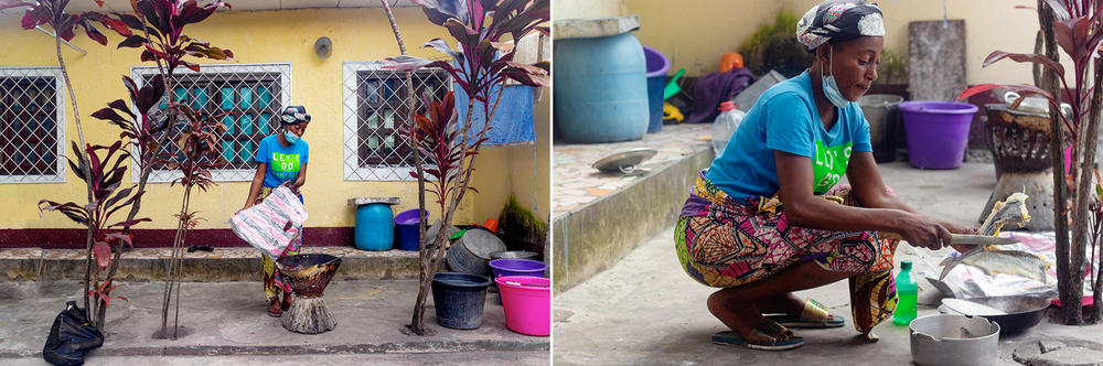 Left: Ngssakhes prepares a fire to cook lunch. Right: She cuts snook fish into pieces. She'll boil them, then fry them with vegetables and spices.