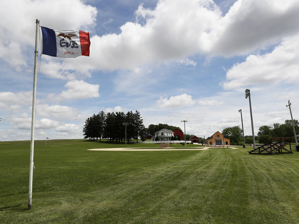 An Iowa flag waves over the field at the Field of Dreams movie site in Dyersville, Iowa, on June 5, 2020.