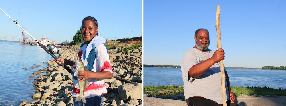 Beverly Davis (left) shows off a catfish along the riverbank in Cairo. Davis fishes often for dinner and gives away much of her catch to the community. Ronnie Woods (right), a local pastor and retired schoolteacher, explains why he got vaccinated against COVID-19: 