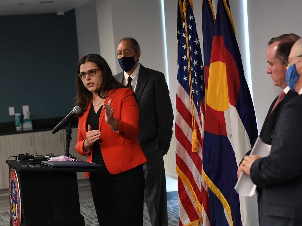 Colorado Secretary of State Jena Griswold speaks at a press conference about investigation into the Mesa County election breach, on Thursday in Denver.