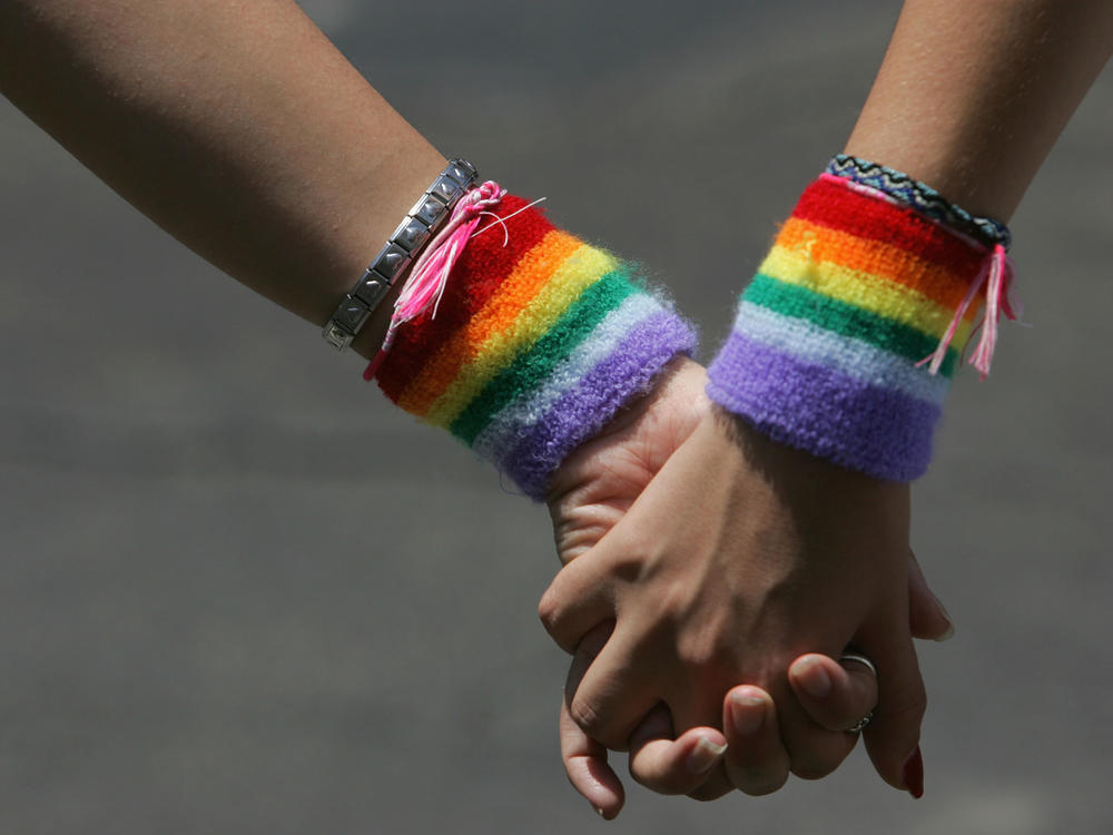 A lesbian couple hold hands during the annual Gay Pride rally, on June 8, 2007. Recent survey data shows that LGBTQ adults in the U.S. are more likely to report higher rates of food and economic insecurity.