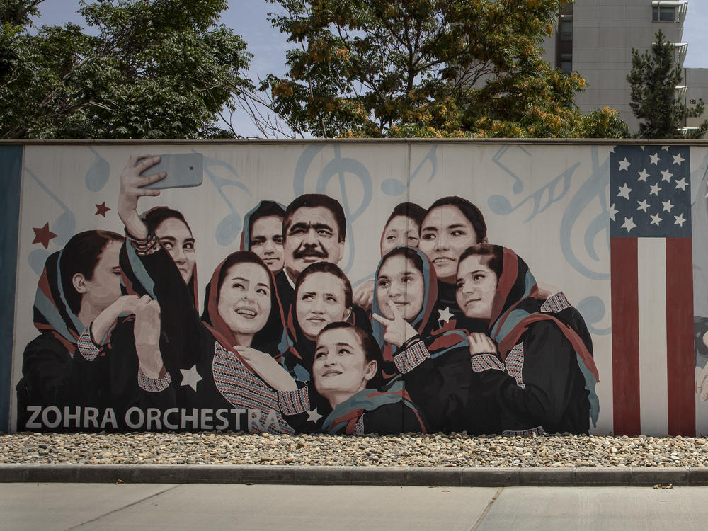 Murals are seen along the walls at a quiet U.S. Embassy on July 30 in Kabul, Afghanistan.
