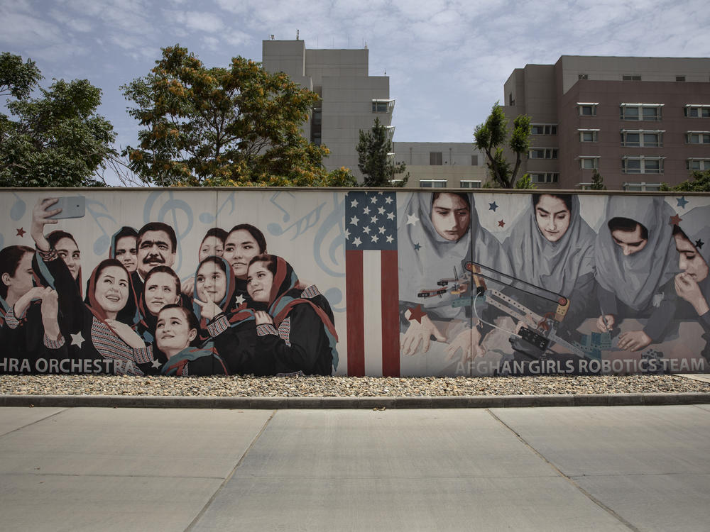 Murals are seen along the walls at a quiet U.S. embassy on July 30 in Kabul, Afghanistan.
