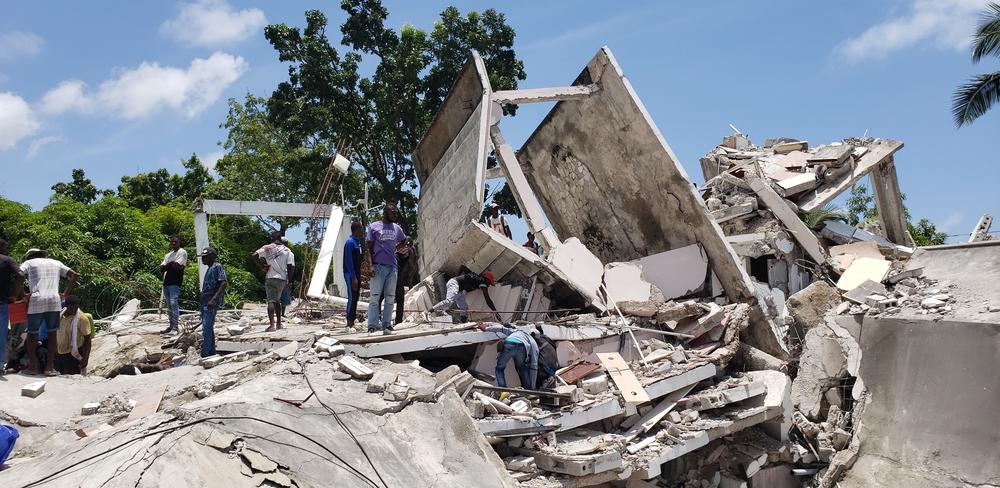 <strong>Sat., Aug. 14:</strong> The back side of the residence of the Catholic bishop is damaged after an earthquake in Les Cayes, Haiti.