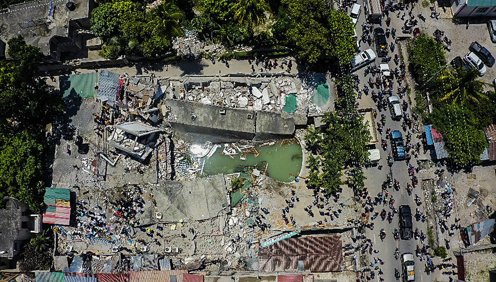 <strong>Sat., Aug. 14:</strong> An aerial view of the Hotel Le Manguier destroyed by an earthquake, in Les Cayes, Haiti.
