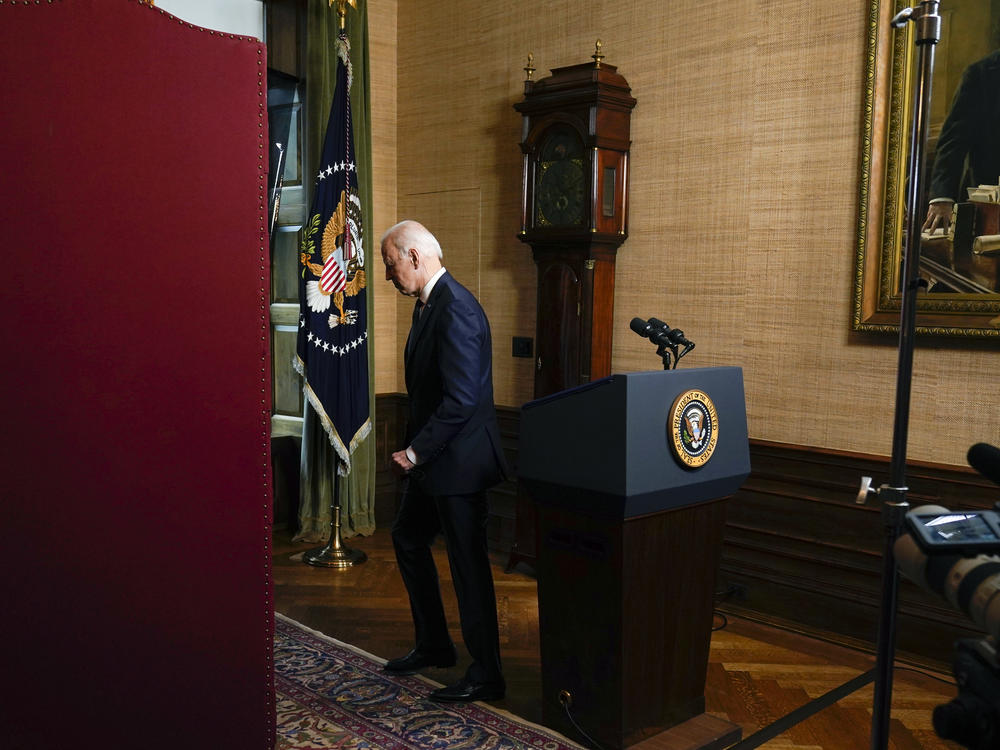 President Biden departs after speaking from the White House Treaty Room on April 14 to announce the withdrawal of U.S. troops from Afghanistan.