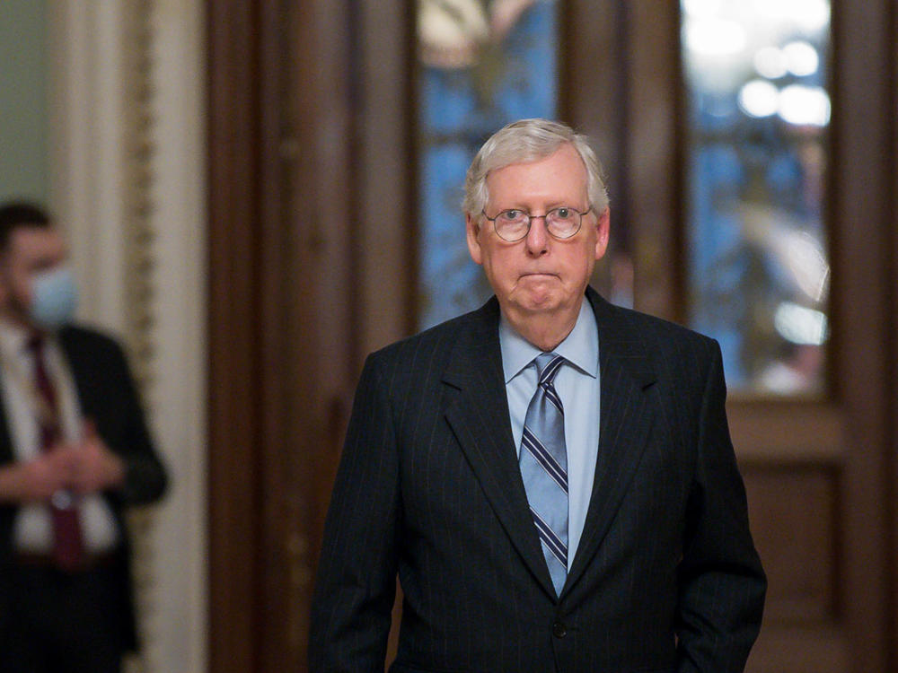 Senate Minority Leader Mitch McConnell, seen here last week at the U.S. Capitol, gave blistering remarks about the Biden administration's actions in Afghanistan.
