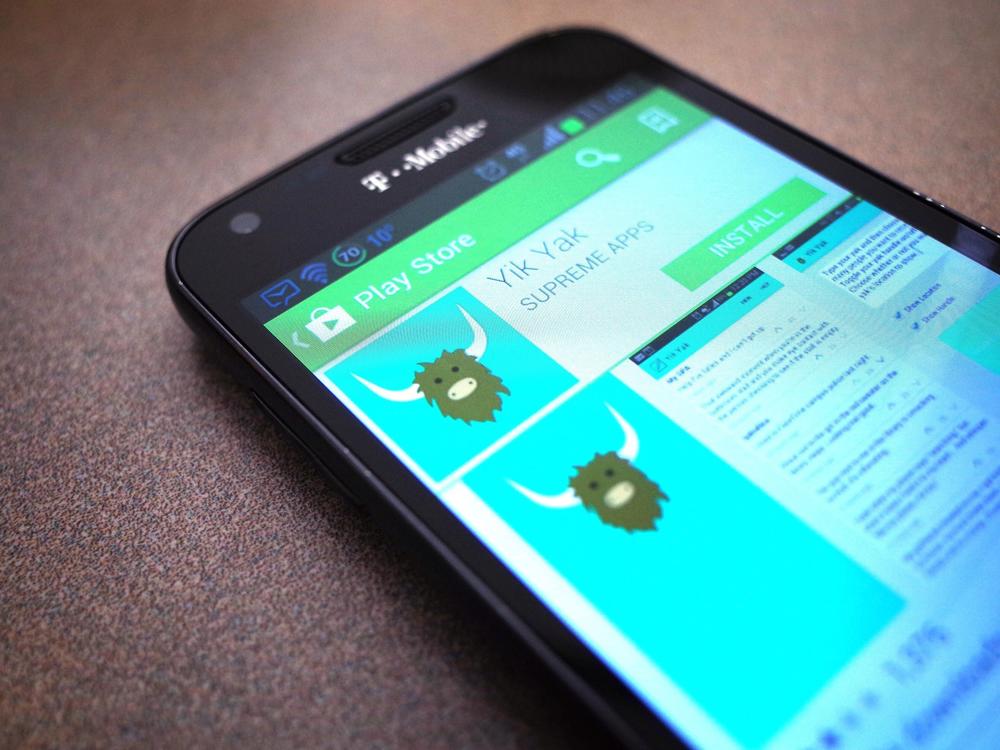 A new version of the Yik Yak app is only available currently in the Apple App Store in the United States. Here's a March 2014 photo illustration of the app in the Google Play store.