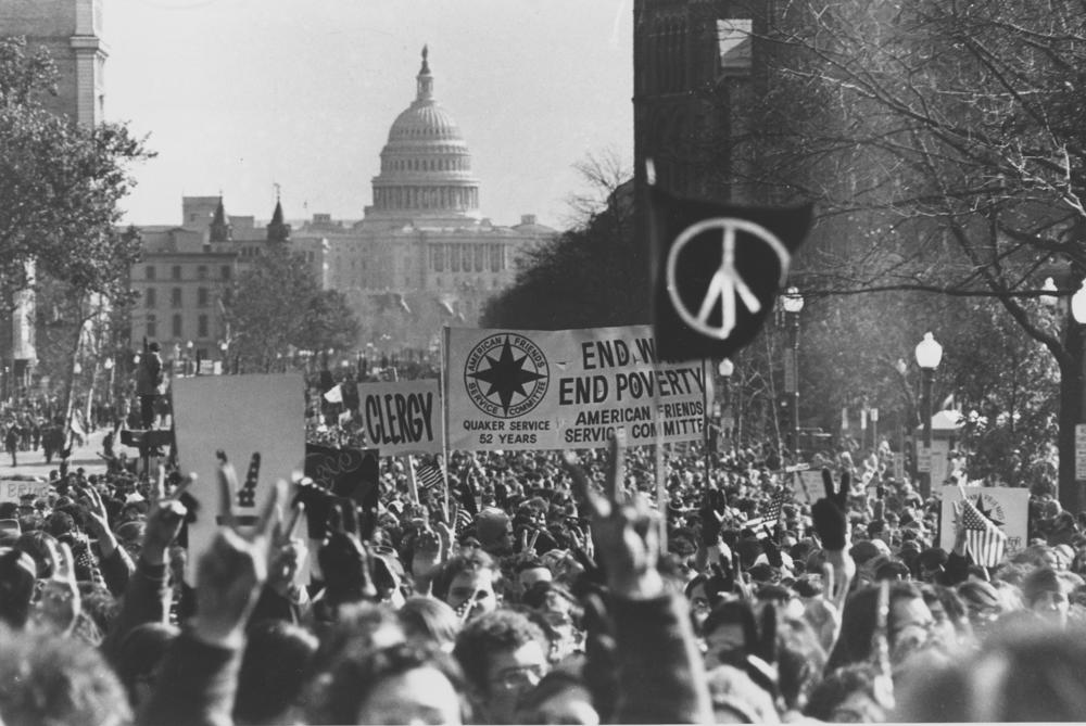 With the U.S. Capitol in the background, demonstrators march against the Vietnam War along Pennsylvania Avenue in Washington, D.C., in November 1969.