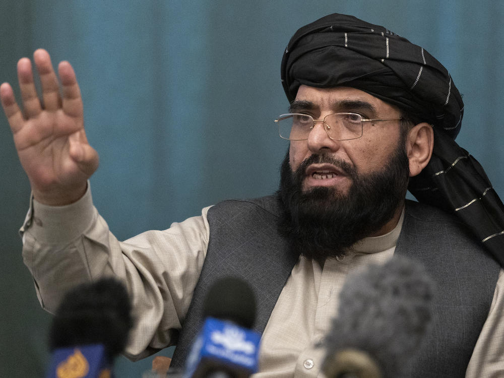 Suhail Shaheen, Afghan Taliban spokesman, speaks during a news conference in Moscow in March 2021.