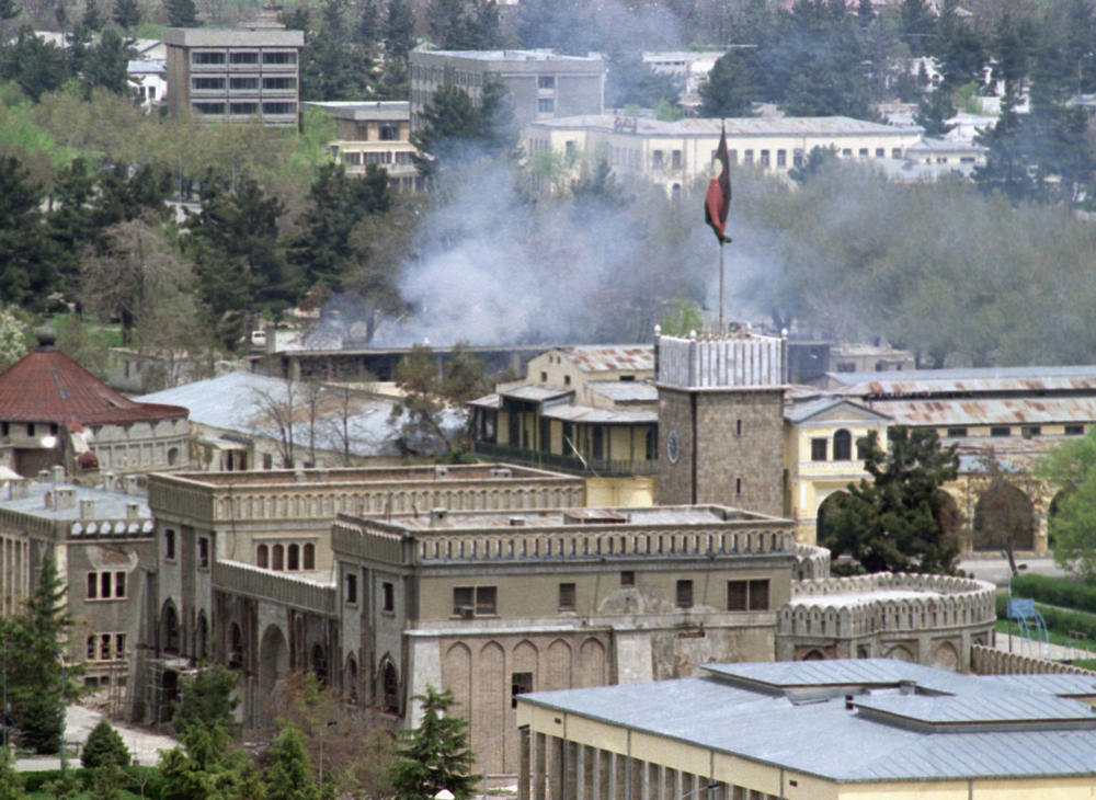 The presidential palace in Kabul is severely damaged after being hit by tank shells and rockets fired by Gulbuddin Hekmatyar's Hezb-e-Islami fighters.