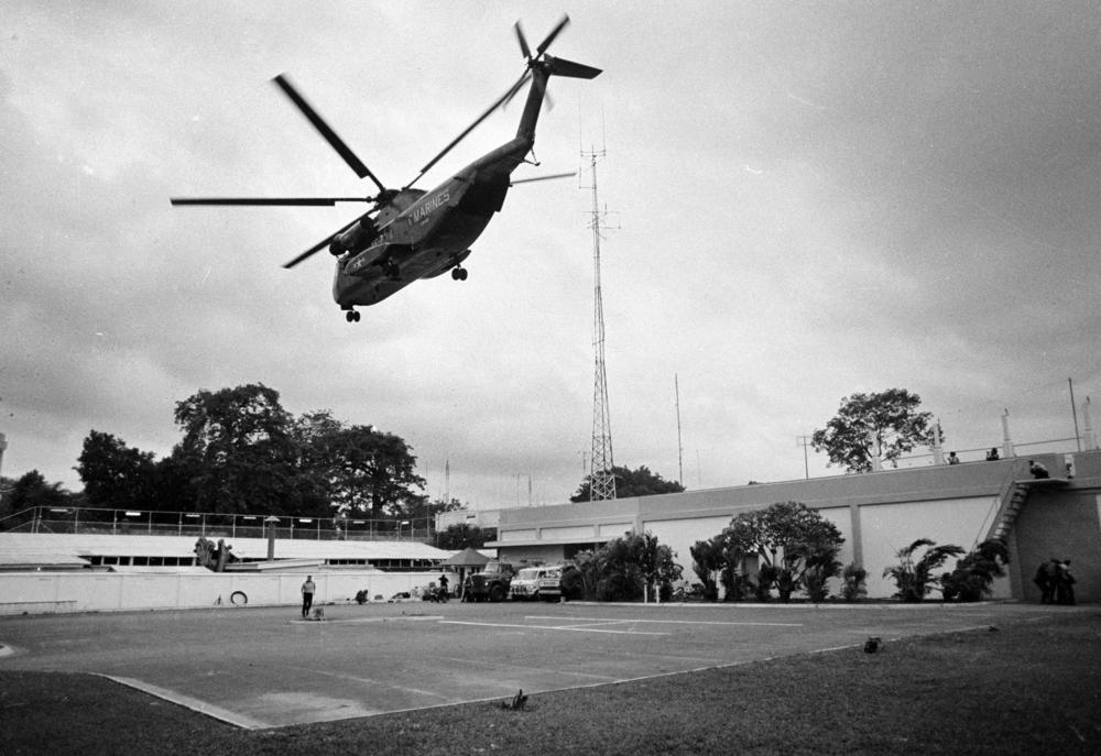 A helicopter lifts off from the U.S. embassy in Saigon, Vietnam on April 29, 1975.
