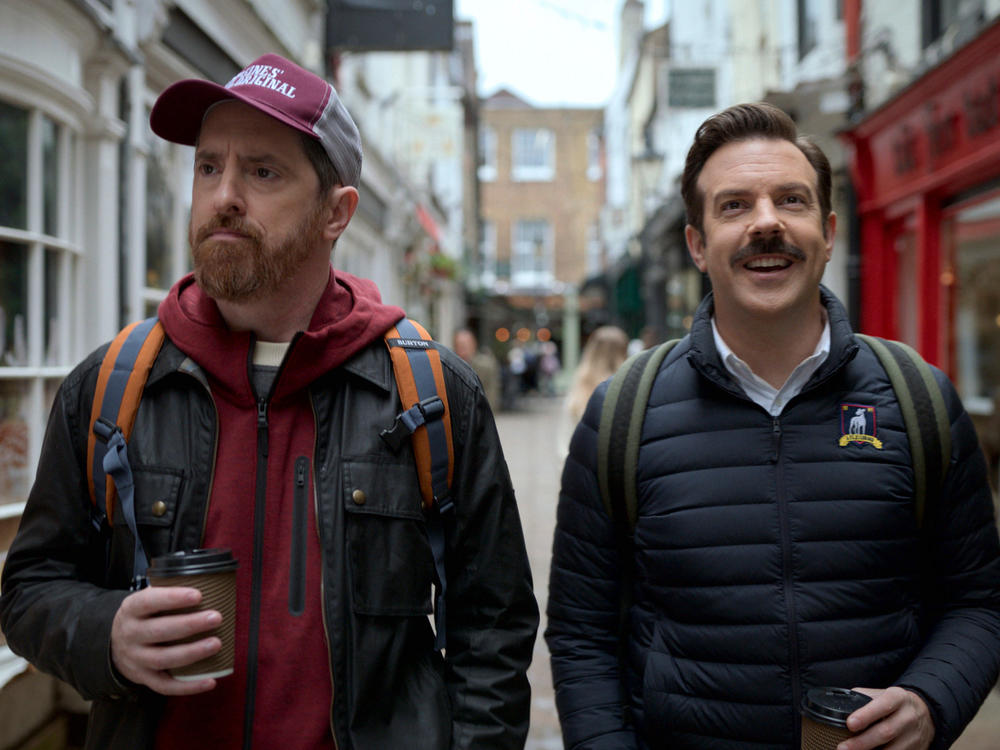 Brendan Hunt and Jason Sudeikis in <em>Ted Lasso</em>.