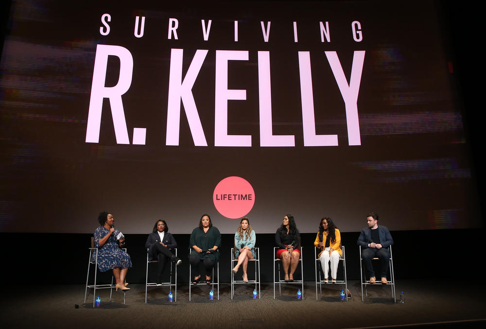 Some of the people behind <em>Surviving R. Kelly</em> — (from left) Britni Danielle, Brie Miranda Bryant, Dream Hampton, Lizzette Martinez, Lisa Van Allen, Tamra Simmons and Jesse Daniels — attend Lifetime's screening in May 2019 in North Hollywood, Calif.