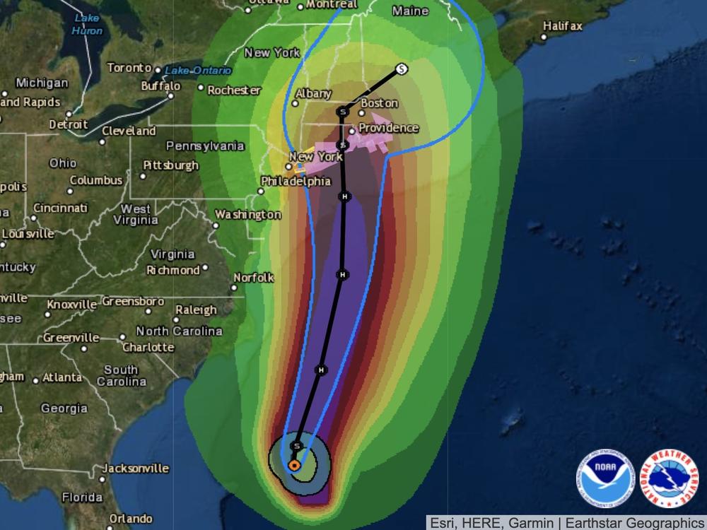 Tropical Storm Henri is predicted to become a hurricane before reaching the coast of southern New England. In this graphic, the bright colors depict the likely path of tropical-storm-force winds, which have a minimum threshold of 39 mph.