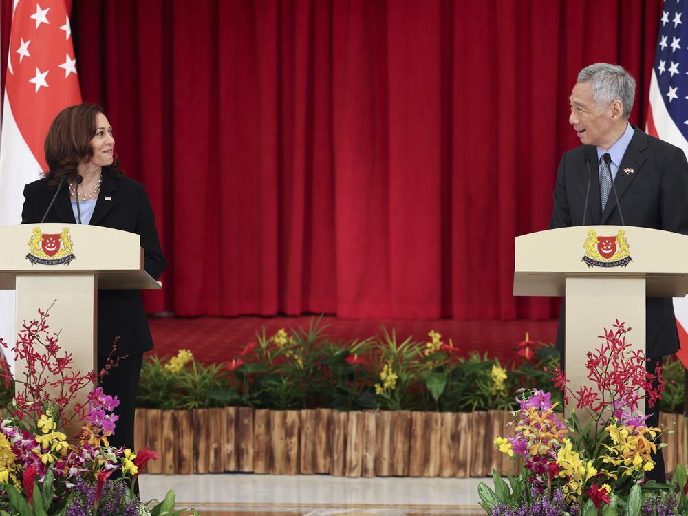 U.S. Vice President Kamala Harris, left, and Singapore's Prime Minister Lee Hsien Loong hold a joint news conference in Singapore Monday, Aug. 23, 2021.