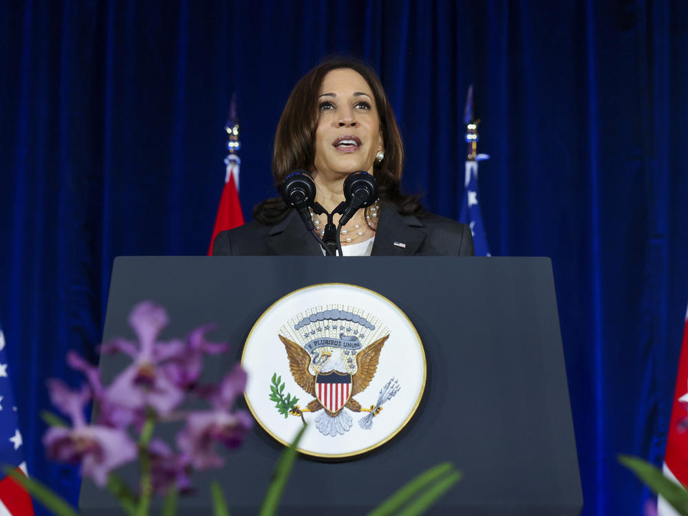 U.S. Vice President Kamala Harris delivers a speech at Gardens by the Bay in Singapore before departing for Vietnam on the second leg of her Southeast Asia trip, Tuesday, Aug. 24, 2021.