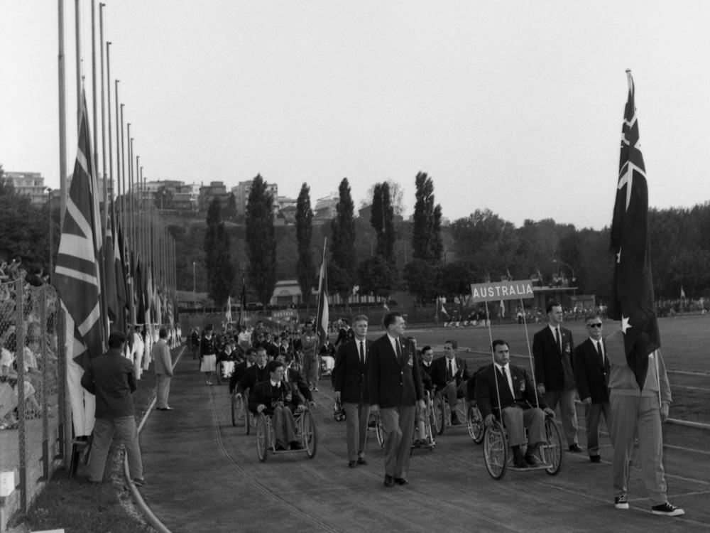 The Australian team parades around the Acqua Acetosa Ground in Rome on Sept. 18, 1960, during the opening ceremony for the Paralympic Games.