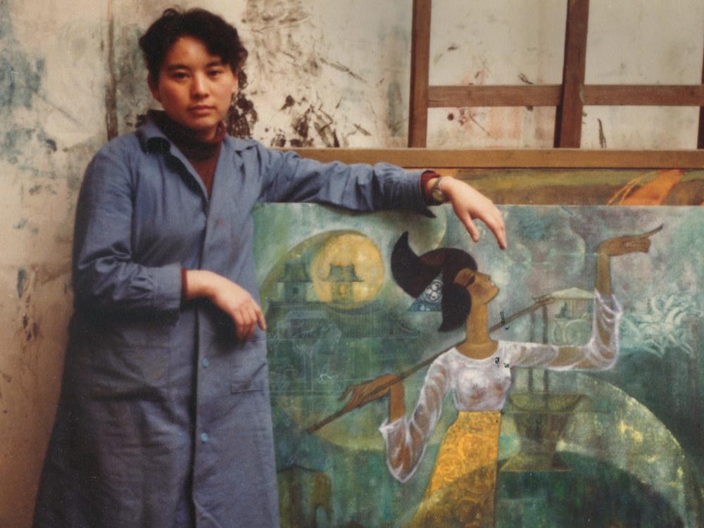 Hung Liu as a graduate student, Central Academy of Fine Arts, Beijing, China. Reproduction after the original 1980 photograph.