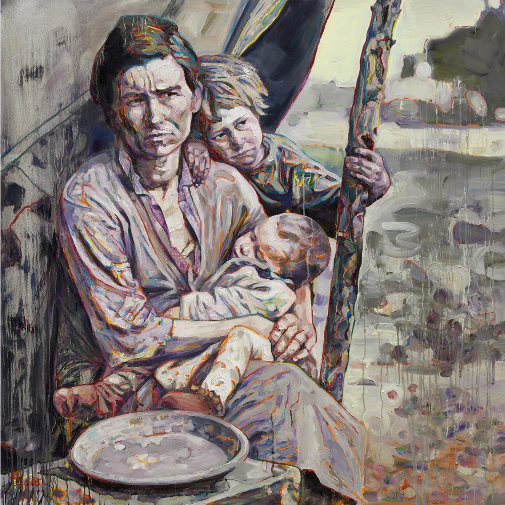 Hung Liu, <em>Migrant Mother: Mealtime,</em> 2016. Oil on canvas, based on a Depression-era photograph by Dorothea Lange. Collection of Michael Klein.