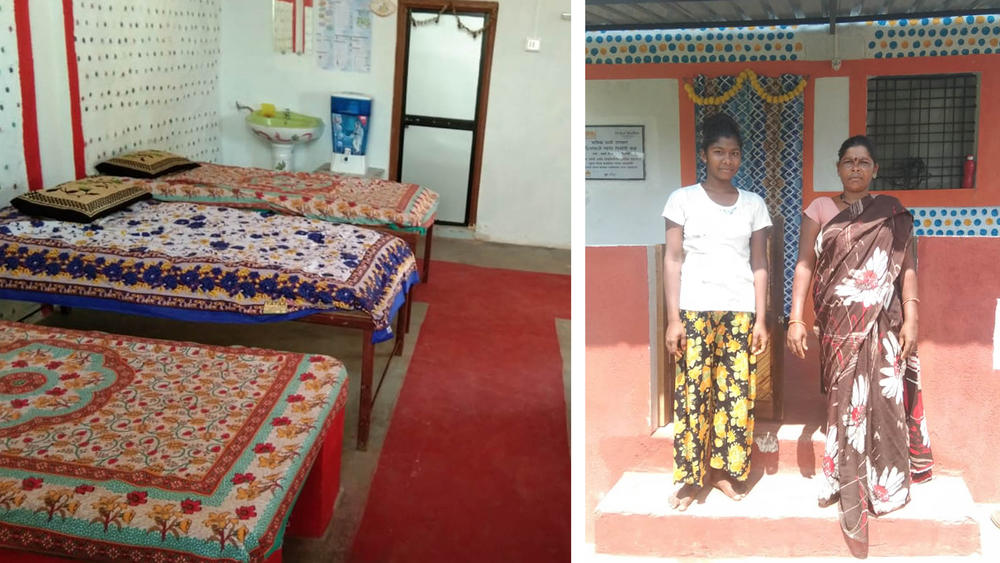 A nonprofit group in India is building safer, more comfortable menstrual huts. Left: An interior view. Right: Khushi Kirange, 17, and Phoolawanti Gangu Kova, 44, outside the new menstrual hut.
