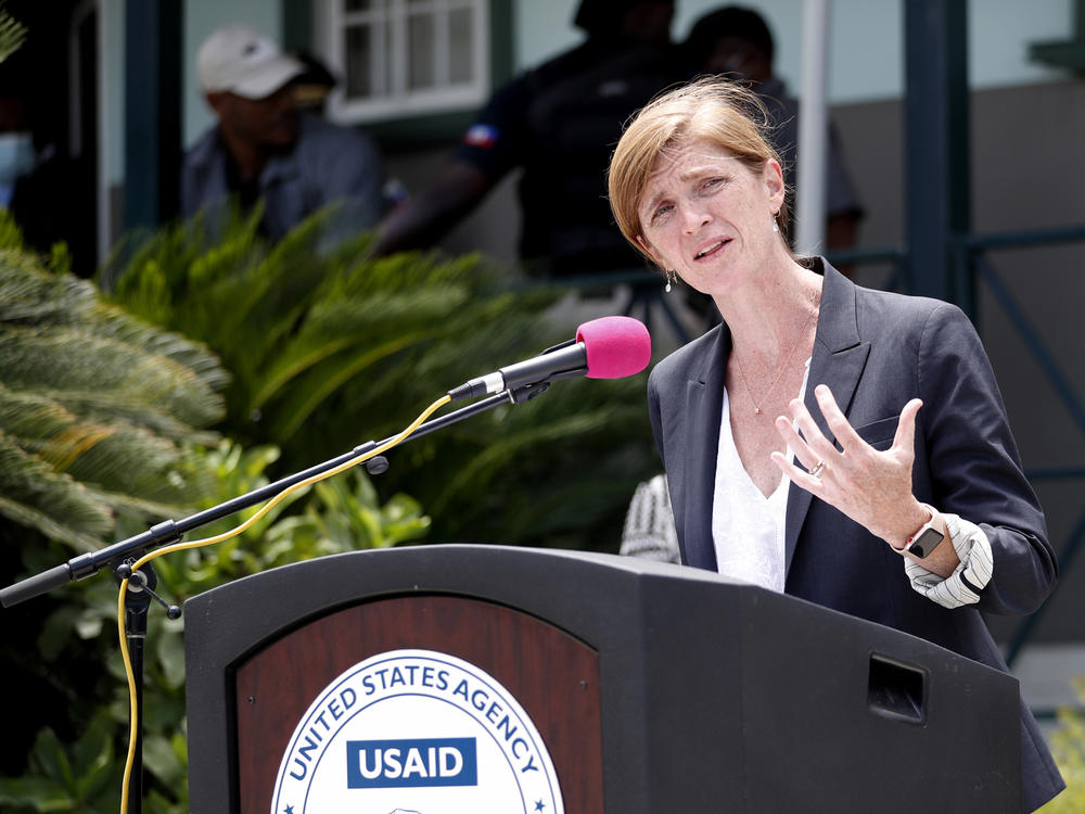 Samantha Power, administrator of the U.S. Agency for International Development, speaks during a joint press conference with Haitian officials at the Toussaint Louverture International Airport, in Port-Au-Prince on Thursday.