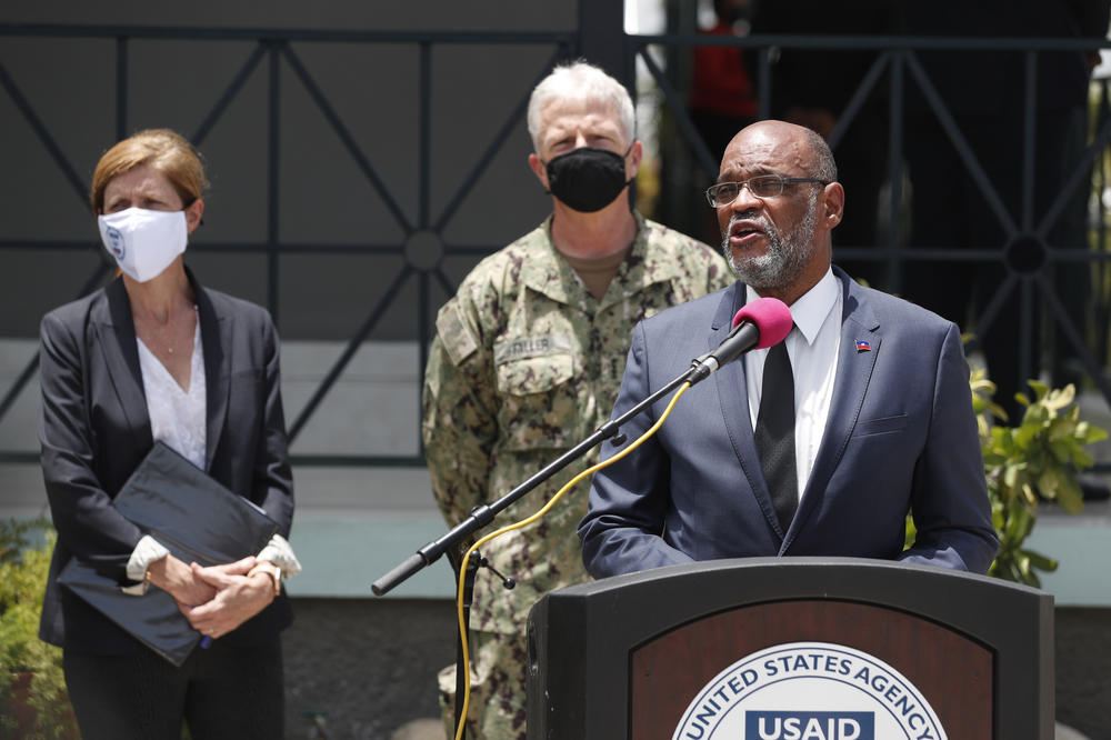Prime Minister Ariel Henry of Haiti speaks during the joint press conference. Henry assumed office shortly after last month's assassination of President Jovenel Moise