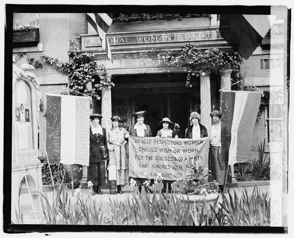 Members of the National Woman's Party appear in front of their Washington headquarters.