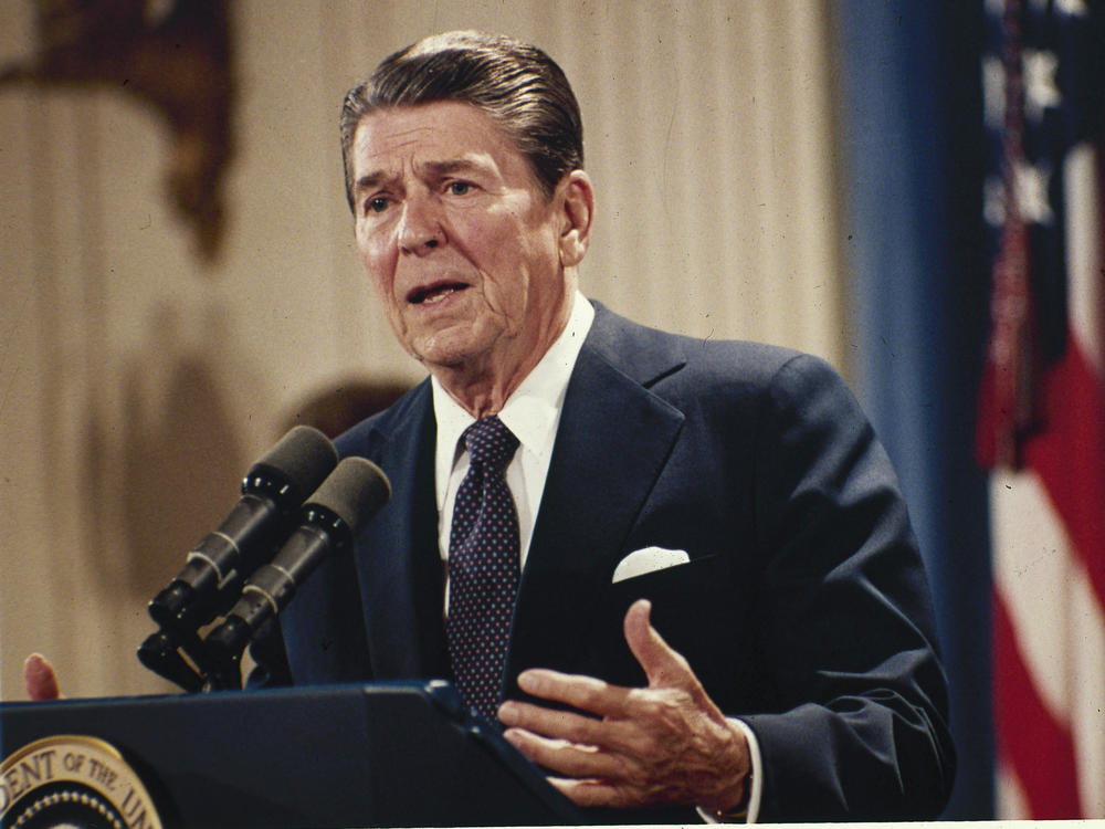 President Ronald Reagan answers questions at a news conference at the White House in 1983.