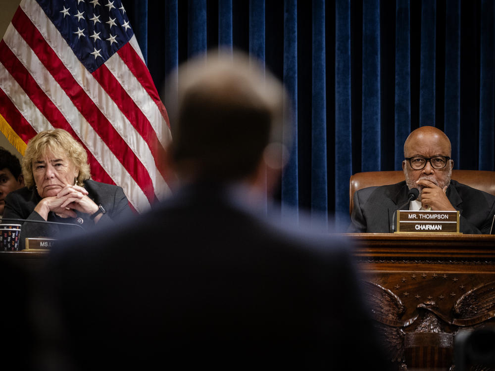 House Select Committee Chair Rep. Bennie Thompson, D-Miss., right, and Rep. Zoe Lofgren, D-Calif., listen during the panel's first hearing last month. The committee has asked 35 social media and communication companies to preserve records associated with the Jan. 6 insurrection.