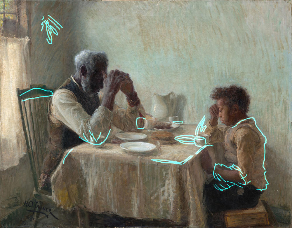 Henry Ossawa Tanner,<em> The Thankful Poor,</em> 1894, oil on canvas, with drawn overlay