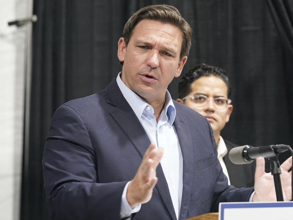 Florida Gov. Ron DeSantis speaks at the opening of a monoclonal antibody site last month in Pembroke Pines, Fla. DeSantis has sought to block schools from requiring masks for students.