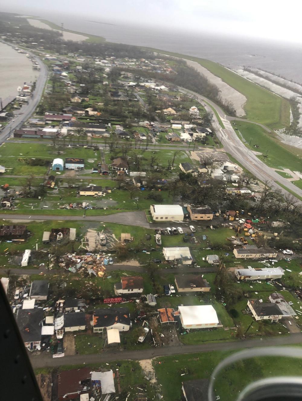The U.S. Coast Guard conducts flyovers near Galliano, La., and elsewhere in the state to assess damages and identify hazards.