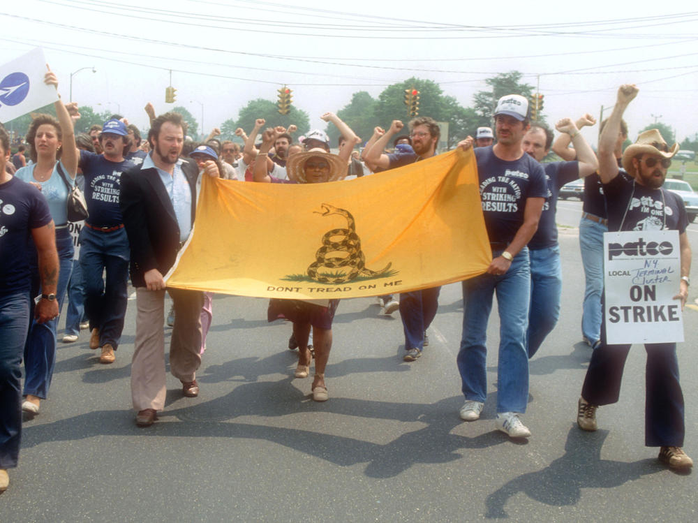 Striking members of the Professional Air Traffic Controllers Organization hold a rally on Aug. 6, 1981, on Long Island, N.Y. Nearly 13,000 air-traffic controllers walked off the job and most were fired by President Ronald Reagan after refusing to return to work.