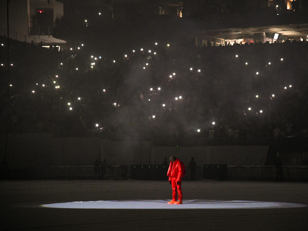 Kanye West is seen at a <em>Donda</em> listening event at Mercedes-Benz Stadium on July 22, 2021 in Atlanta, Georgia.