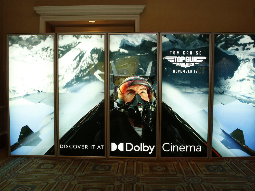 An illuminated advertisement for the upcoming <em>Top Gun: Maverick</em> movie is displayed at Caesars Palace during CinemaCon, the official convention of the National Association of Theatre Owners, last month, in Las Vegas, Nevada.