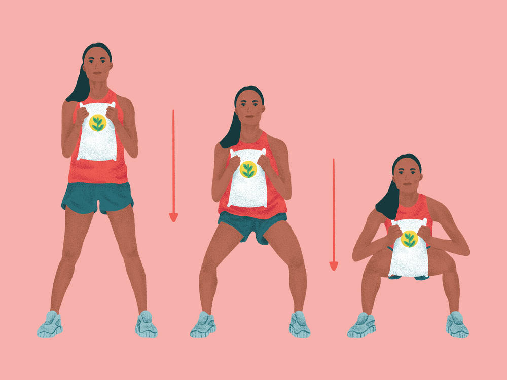 Look for opportunities to stand up, get your blood pumping or increase the activity by using your muscles. Start with squats, suggests physical trainer Molly McDonald.