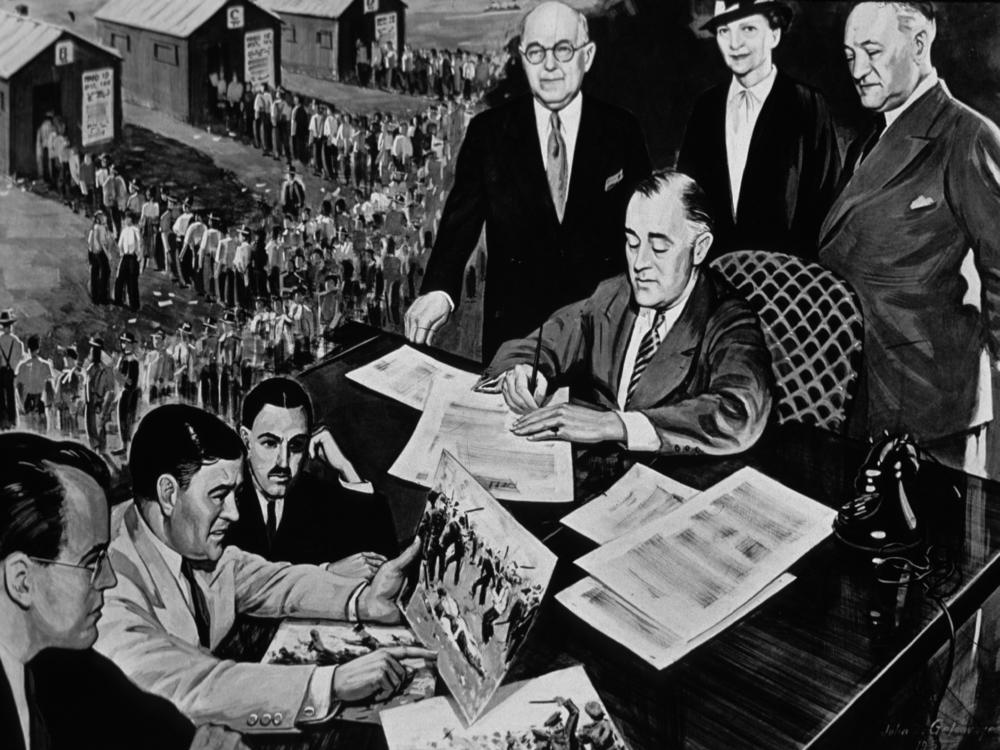 President Franklin D. Roosevelt signs the National Labor Relations Act in 1935.