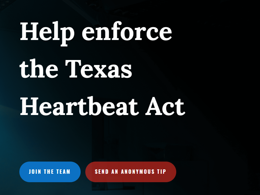 A screen capture of the website established by Texas Right to Life encouraging members of the public to submit 