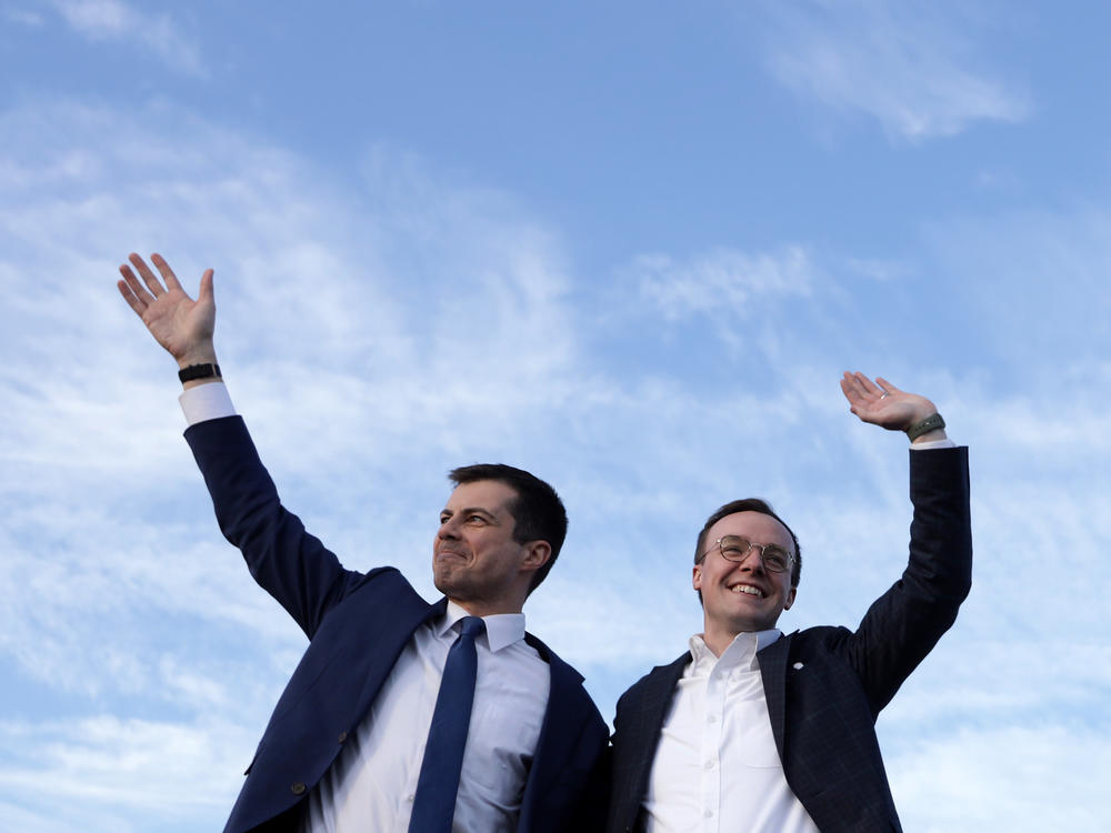 Pete Buttigieg (left), now the secretary of transportation, appears alongside his husband, Chasten, in February 2020. The couple are now the parents of two children.